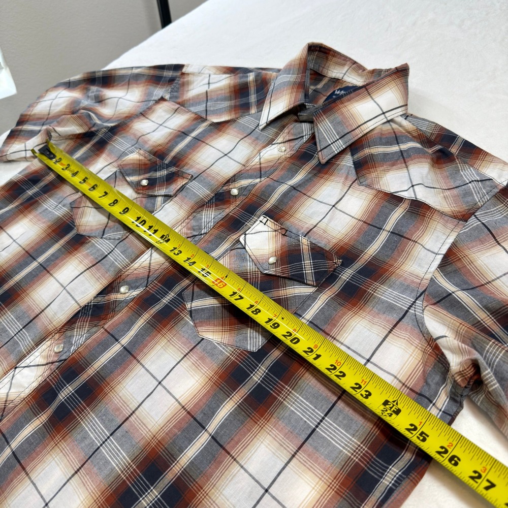 Wrangler Western Shirt Mens 17.5 XL Brown Plaid Good Pearl Snap Short Sleeve - Picture 9 of 9